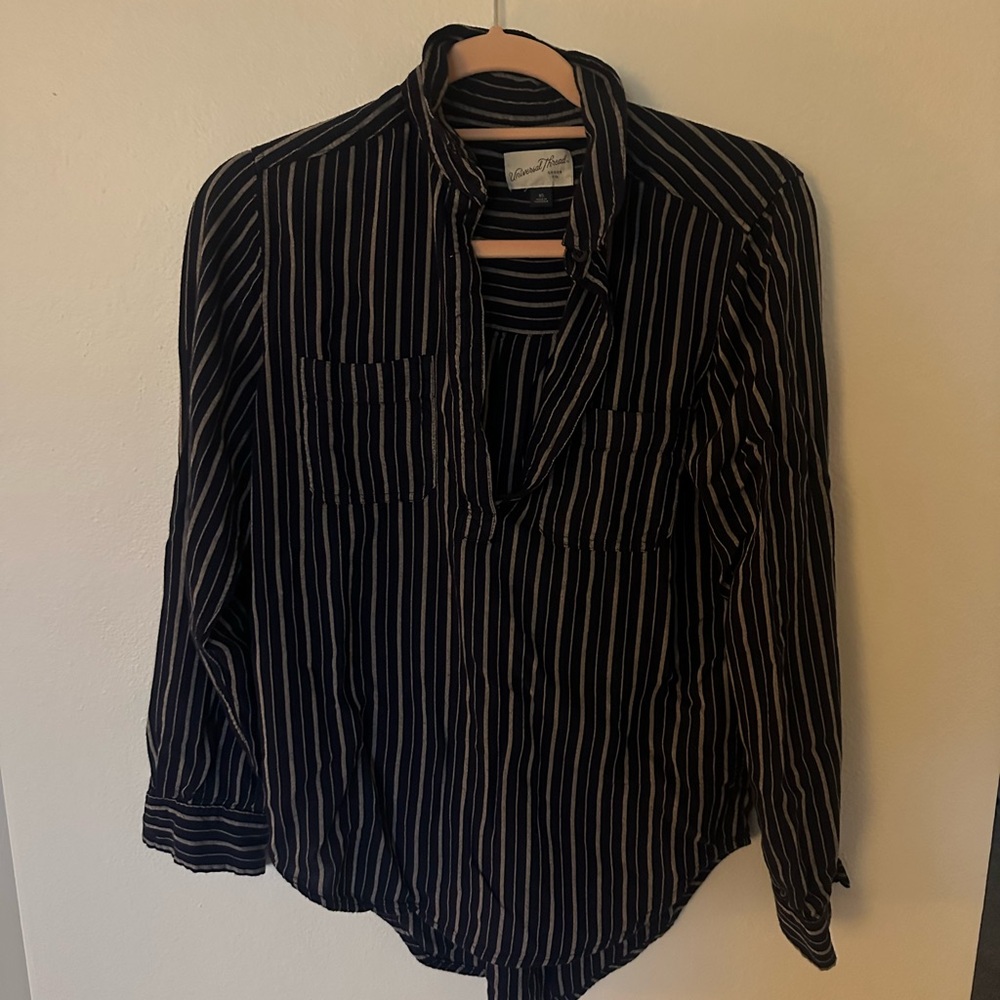 Navy and White Striped Button-Up Shirt
